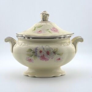 Homer Laughlin Virginia Rose Covered Sugar Bowl Floral Silver Trim Vintage USA
